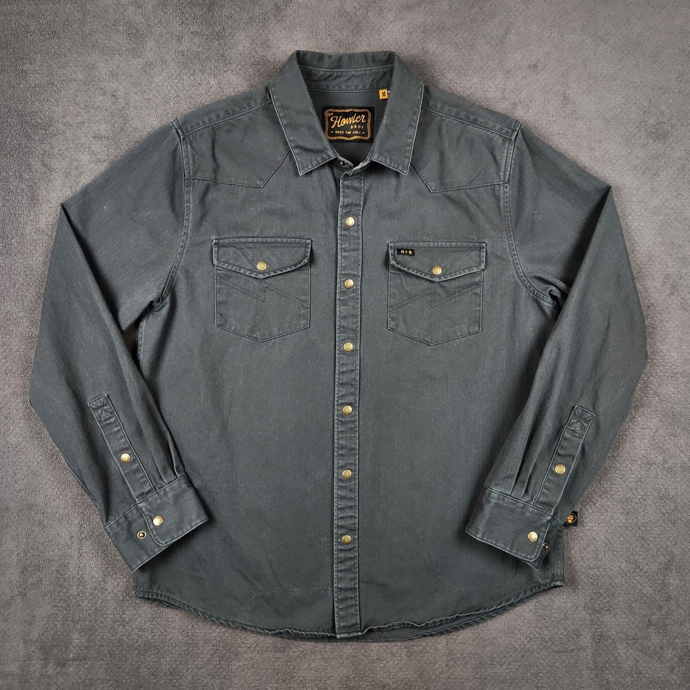 Howler Bros Novato Shirt Mens Medium Gray Herringbone Cotton Snap Front
